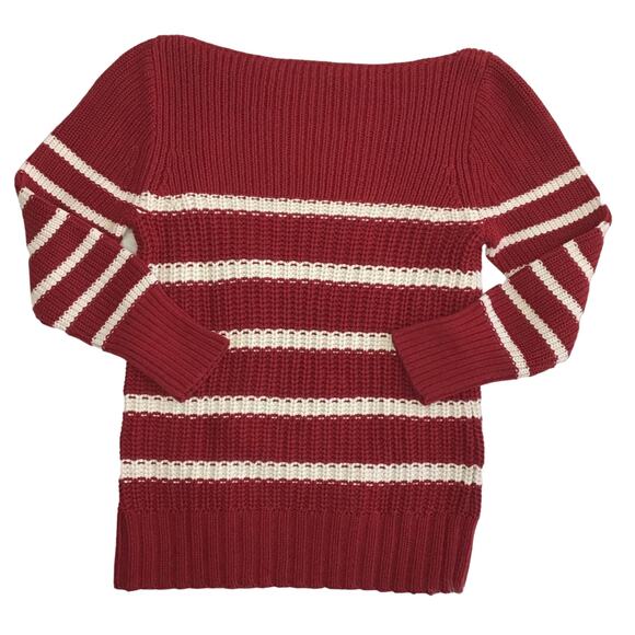 J. Crew Chunky Knit Nautical Dark Red White Stripe Boatneck Pullover Sweater XS - Picture 2 of 7